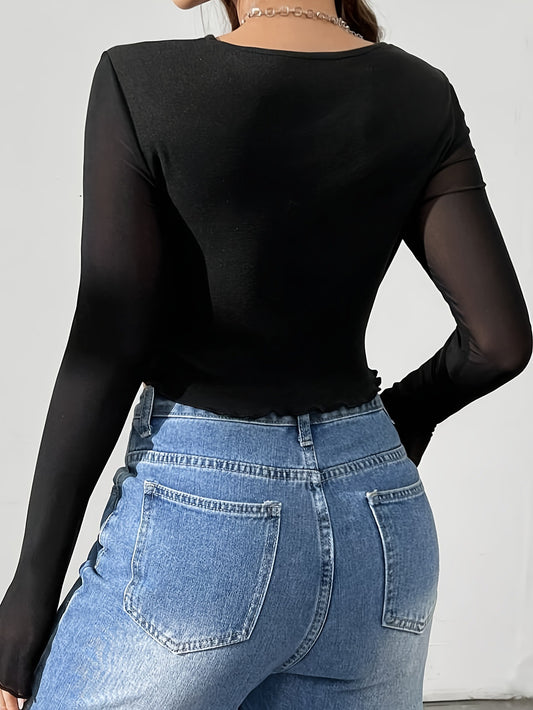 Slimming Top in Rayon con Mesh Patchwork e Dettaglio Cut-Out