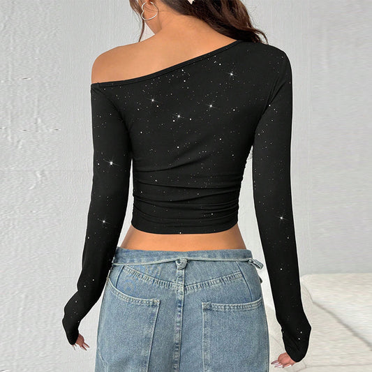 Top in Maglia con Spalla Scoperta e Strass