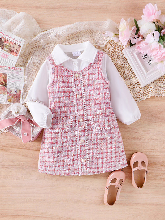 Completo Due Pezzi in Cotone con Trama a Griglia e Silhouette Princess