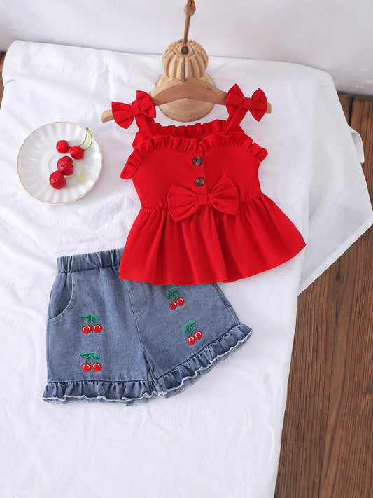 Completo Due Pezzi in Tessuto Cowboy Soft-Touch con Dettaglio Bow Tie e Silhouette Europe & America