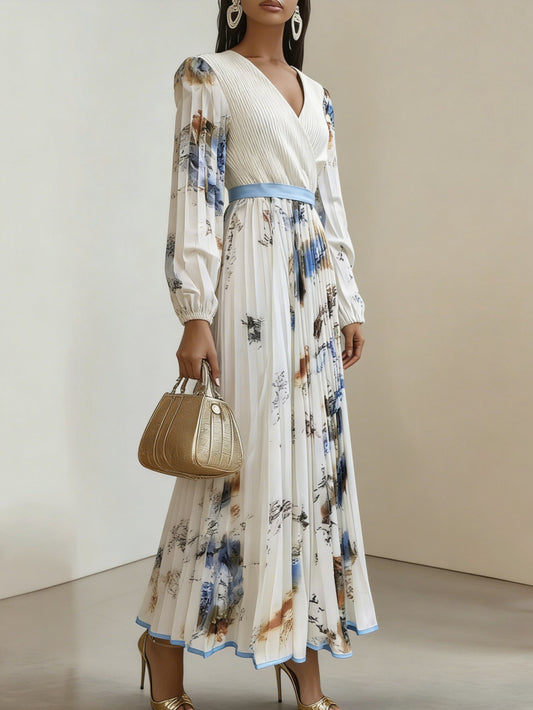 Abito Midi Plissettato con Scollo a V e Maniche a Lanterna in Texture Draped