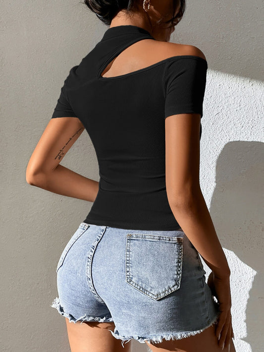 T-Shirt Slim Fit con Collo Semi-Alto, Spalle Strutturate e Finitura Antigrinze