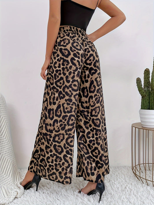 Pantaloni Wide-Leg Leopard Print con Vita Elastica e Taglio "Leisure Wind"