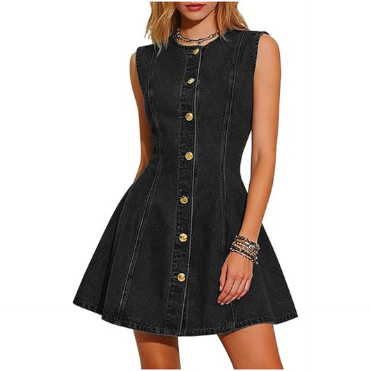 Abito Denim Mid-Length con Taglio Patchwork e Chiusura Single-Breasted