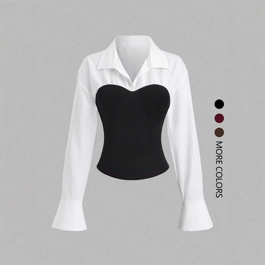 Camicia Basic a Maniche Lunghe con Colletto a Revers e Dettaglio Splicing