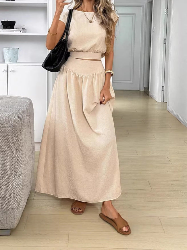 Completo Top Set "Elegant Woven" con Maniche a Tre Quarti e Finitura Apricot