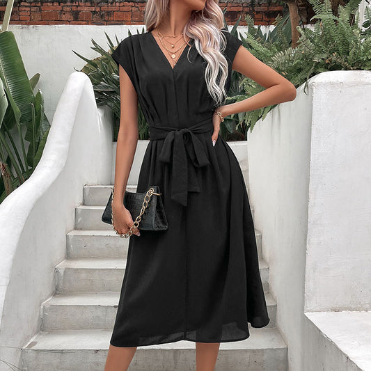 Abito "Elegant V-Neck" con Maniche Feifei e Silhouette A-Line Mid-Skirt