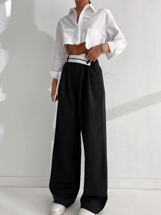 Wide Leg Pants "Temperament Commuting" con Dettagli Pleats e Vita Alta