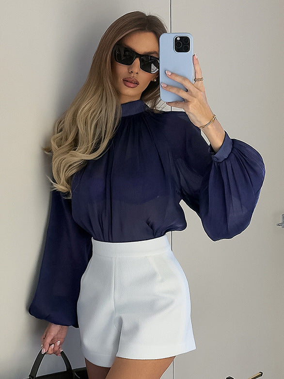 Blusa in Chiffon con Maniche a Lanterna e Collo Alto Effetto See-Through