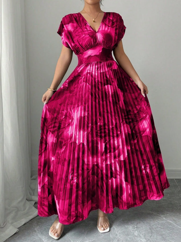 Abito Lungo Plissé con Stampa Floreale "Painted" e Silhouette a Vita Alta