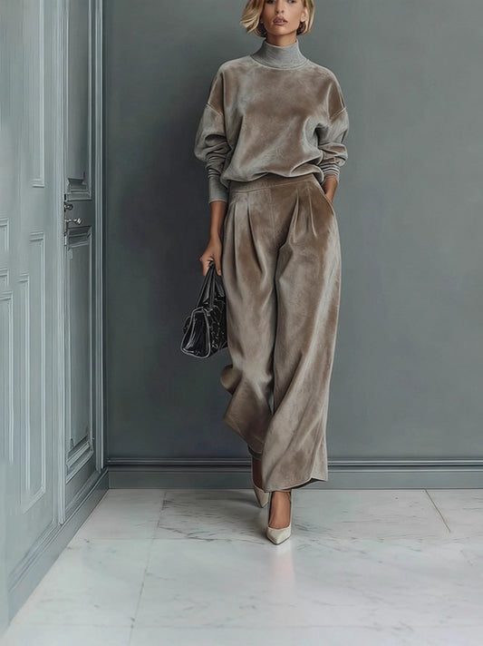 Set 2 Pezzi: High-Neck Velvet & Wide-Leg Pants 2026