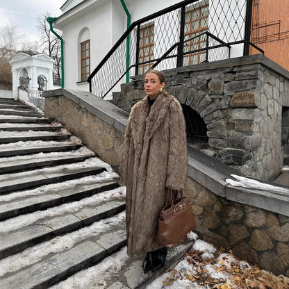 Apricot Red Long Coat New Faux Fur Fur Coat Brown Coffee Color Thickened Winter Warm Coat Extended