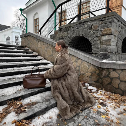 Apricot Red Long Coat New Faux Fur Fur Coat Brown Coffee Color Thickened Winter Warm Coat Extended