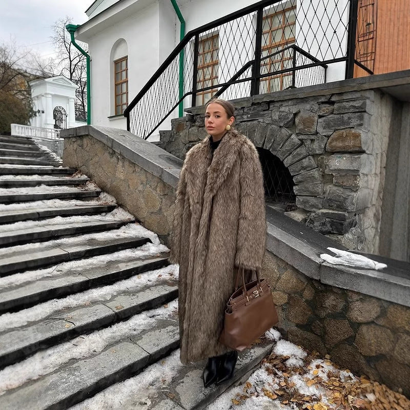 Apricot Red Long Coat New Faux Fur Fur Coat Brown Coffee Color Thickened Winter Warm Coat Extended