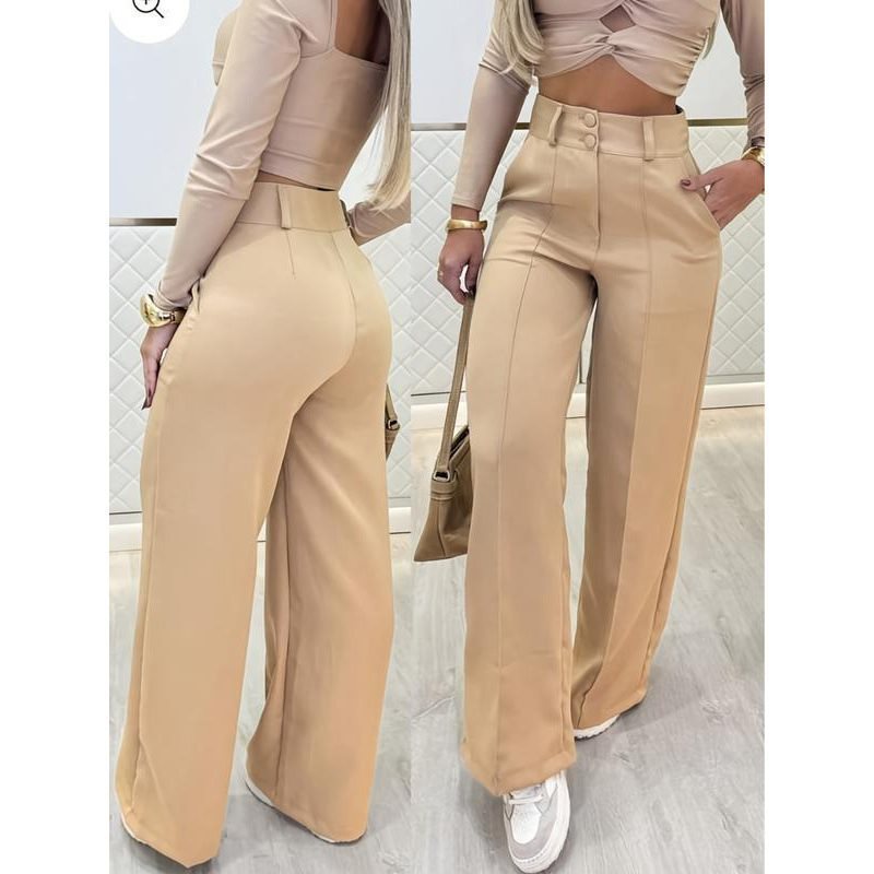 Pantalone Wide-Leg con Dettaglio Doppio Petto ed Elastic Waist