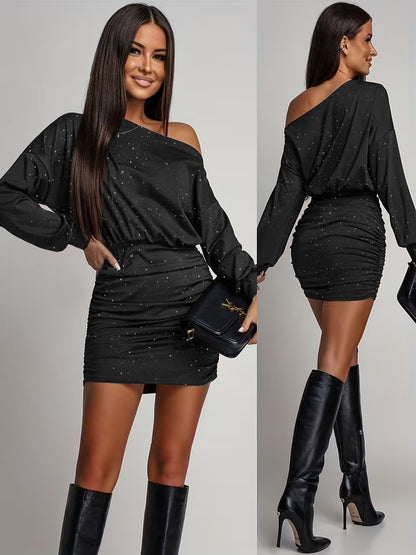 Midi Dress Off-Shoulder con Maniche a Lanterna e Cristalli