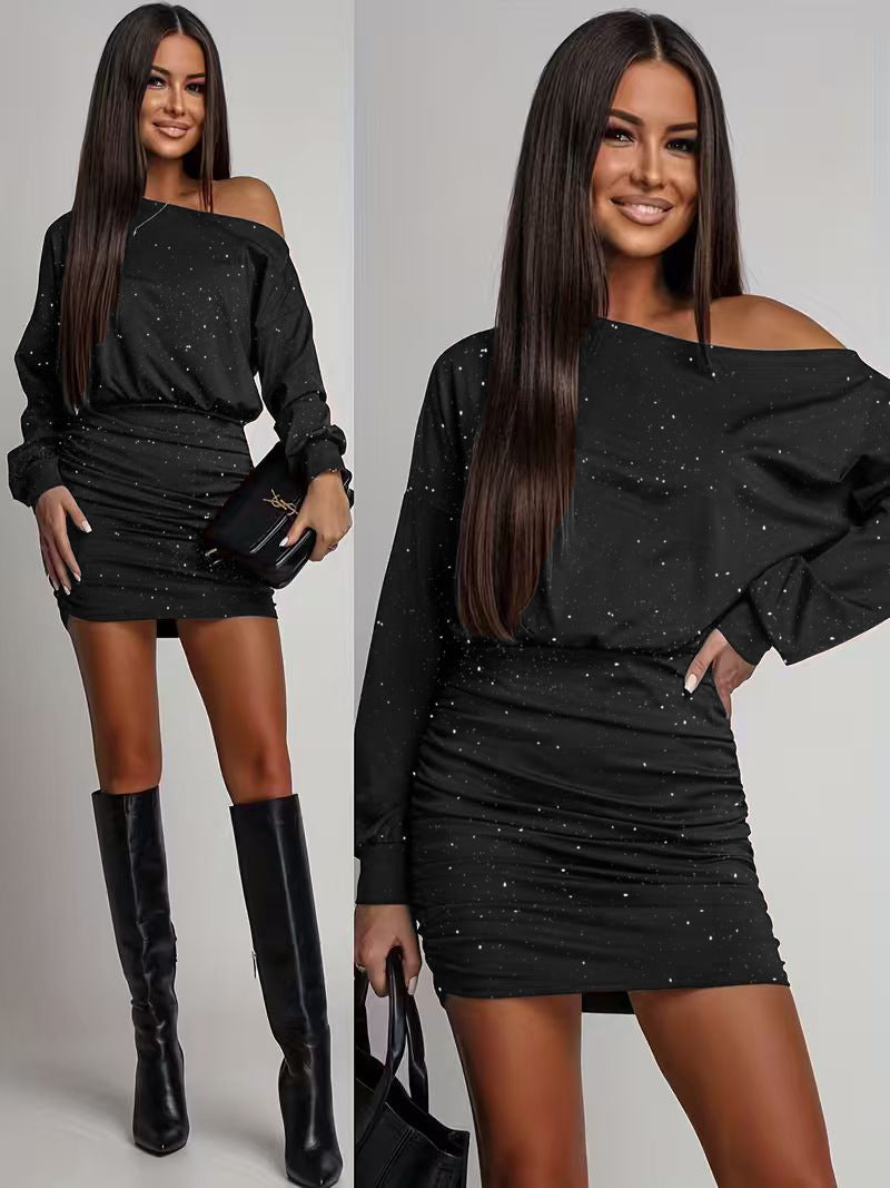 Midi Dress Off-Shoulder con Maniche a Lanterna e Cristalli