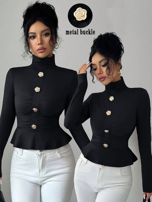 Top High-Neck Slim con Dettaglio Rose Metal e Drappeggio