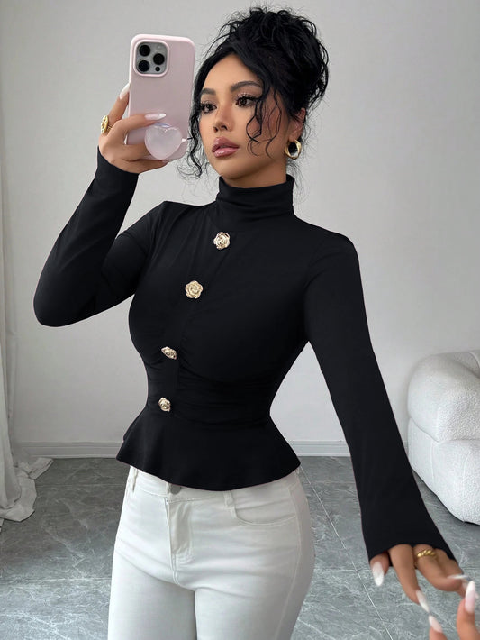 Top High-Neck Slim con Dettaglio Rose Metal e Drappeggio