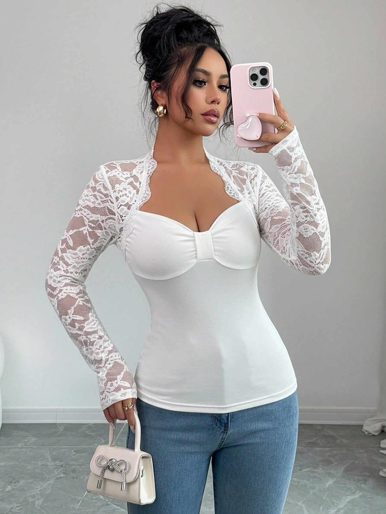 Top Slimming in Maglia con Patchwork di Pizzo e Scollo Irregolare