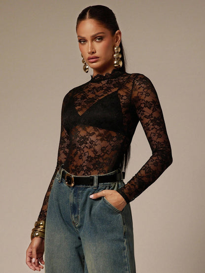 Jumpsuit Slim in Pizzo con Small Stand Collar e Design Hollow-Out