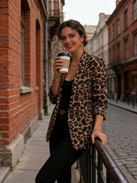 Blazer Slim-Fit con Stampa Leopardata Vintage e Collo Qingguo