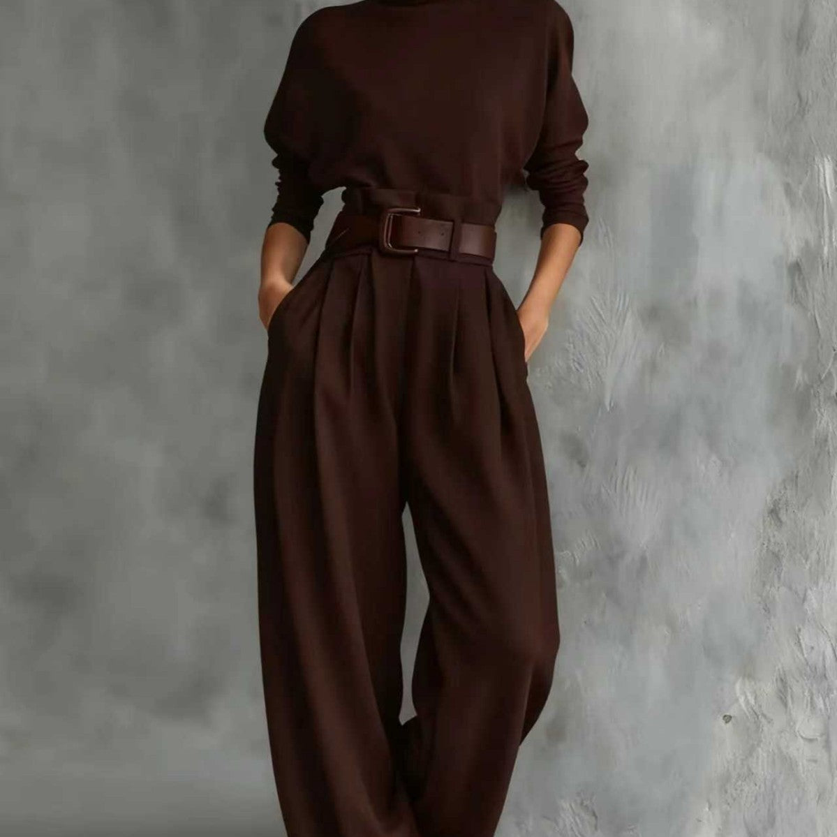 Set Coordinato High-Collar con Cintura e Pantalone Sartoriale