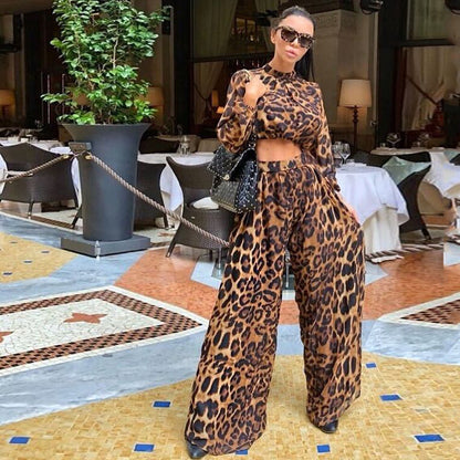Set Coordinato in Chiffon Leopardato con Pantaloni Wide-Leg