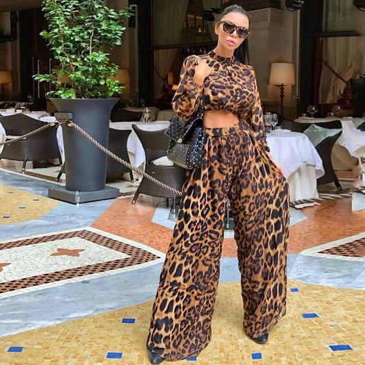 Set Coordinato in Chiffon Leopardato con Pantaloni Wide-Leg