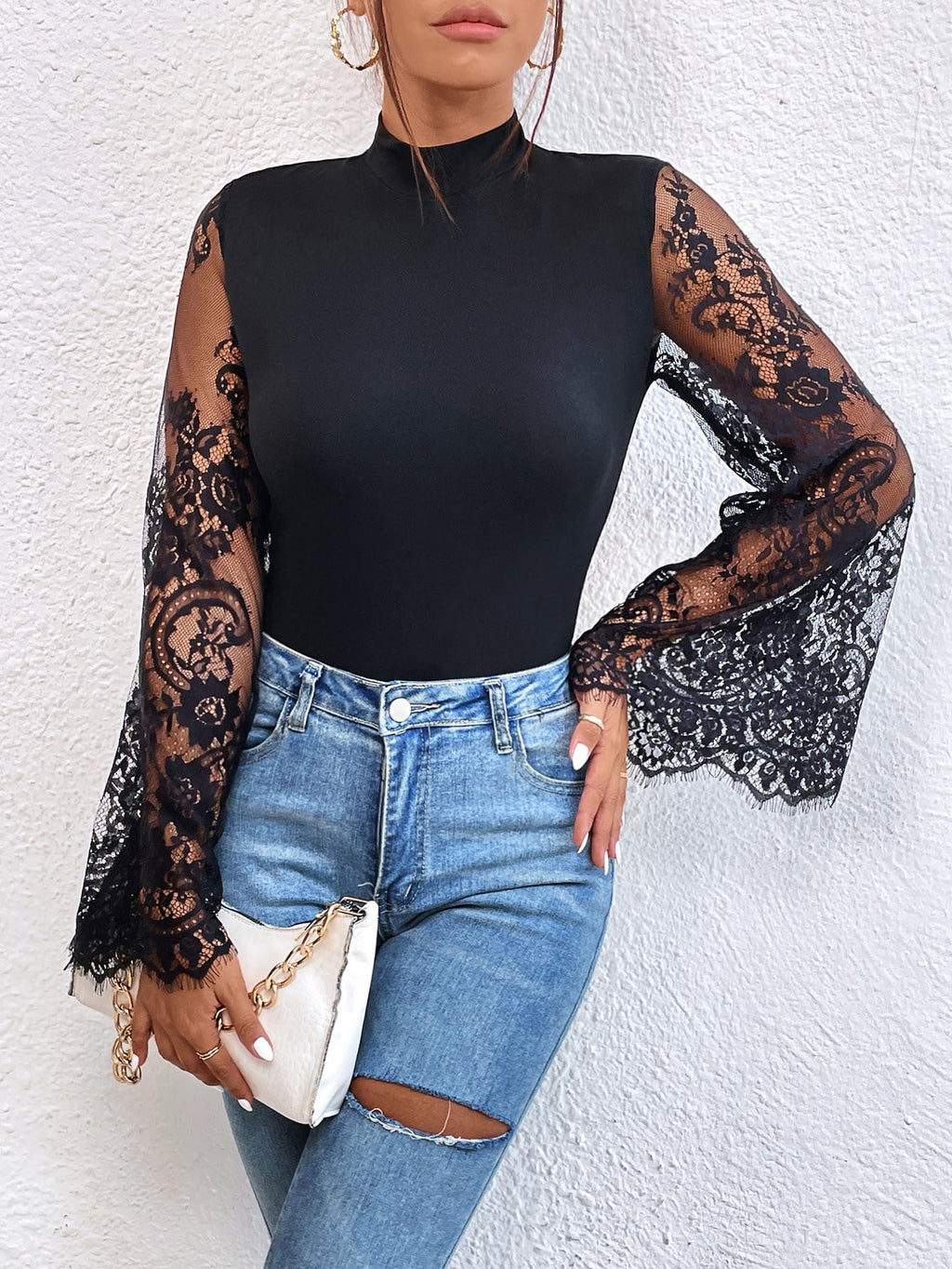 Jumpsuit Slim con Inserti in Pizzo e Mesh Trasparente