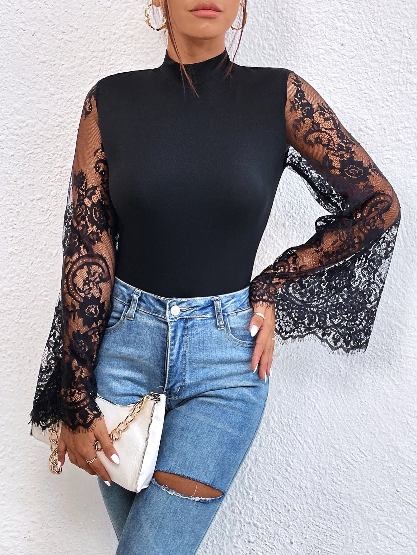 Jumpsuit Slim con Inserti in Pizzo e Mesh Trasparente