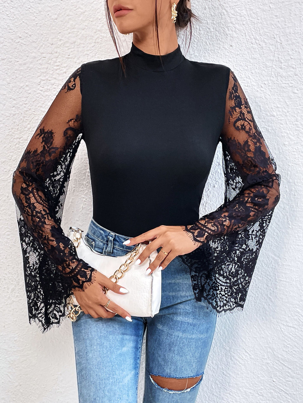 Jumpsuit Slim con Inserti in Pizzo e Mesh Trasparente