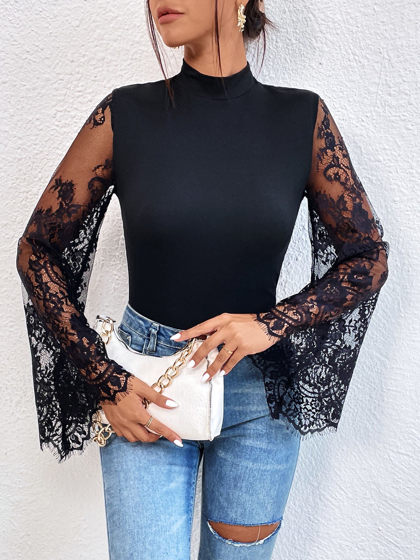 Jumpsuit Slim con Inserti in Pizzo e Mesh Trasparente