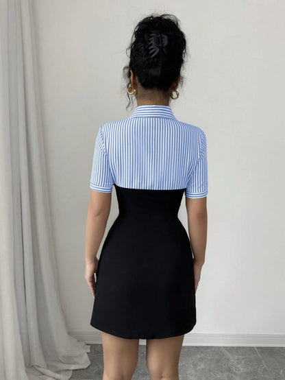 Abito A-Line con Intrecci di Righe e Design a Camicia