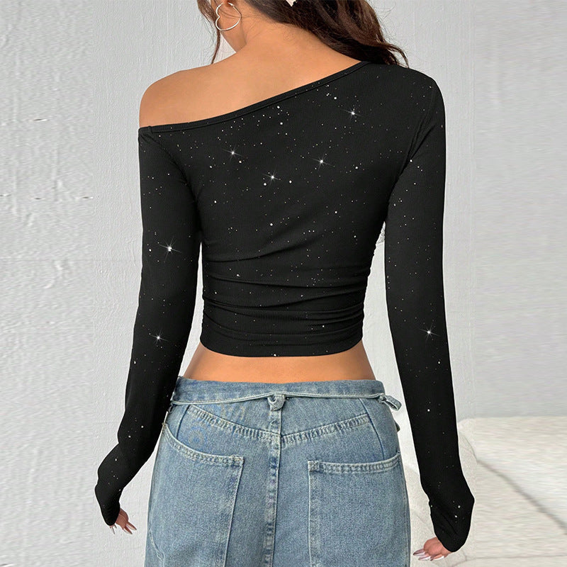 Top in Maglia con Spalla Scoperta e Strass