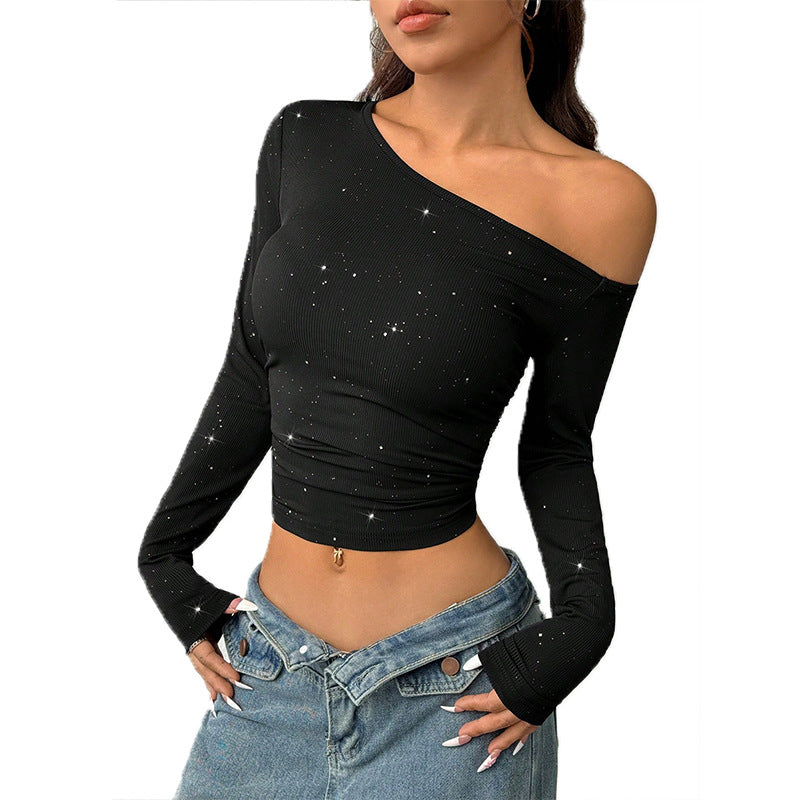 Top in Maglia con Spalla Scoperta e Strass