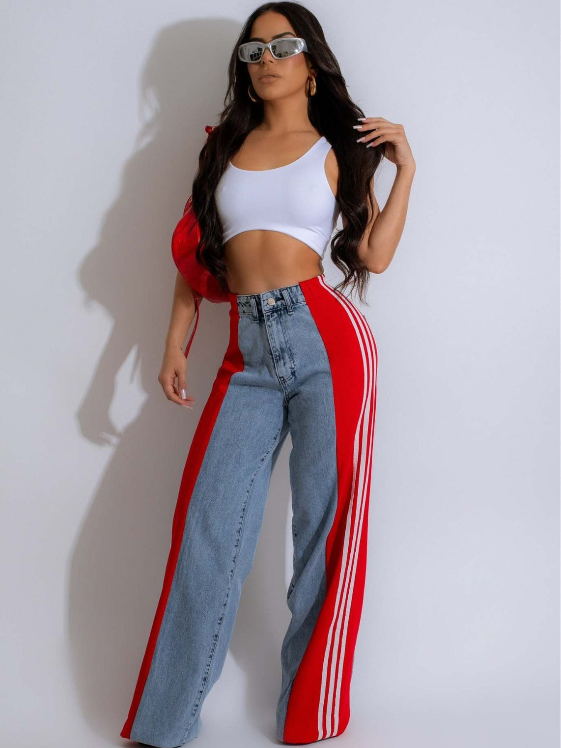 Denim Wide-Leg High-Waist con Splicing Laterale e High Elasticity
