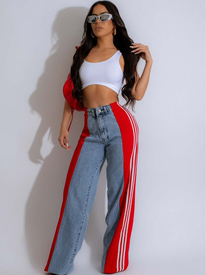 Denim Wide-Leg High-Waist con Splicing Laterale e High Elasticity