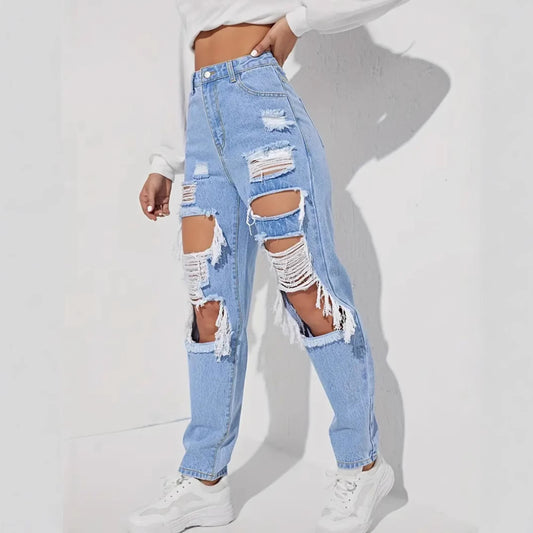 Jeans Loose Fit con Dettagli "Hole" e Lavaggio Sand-Washing