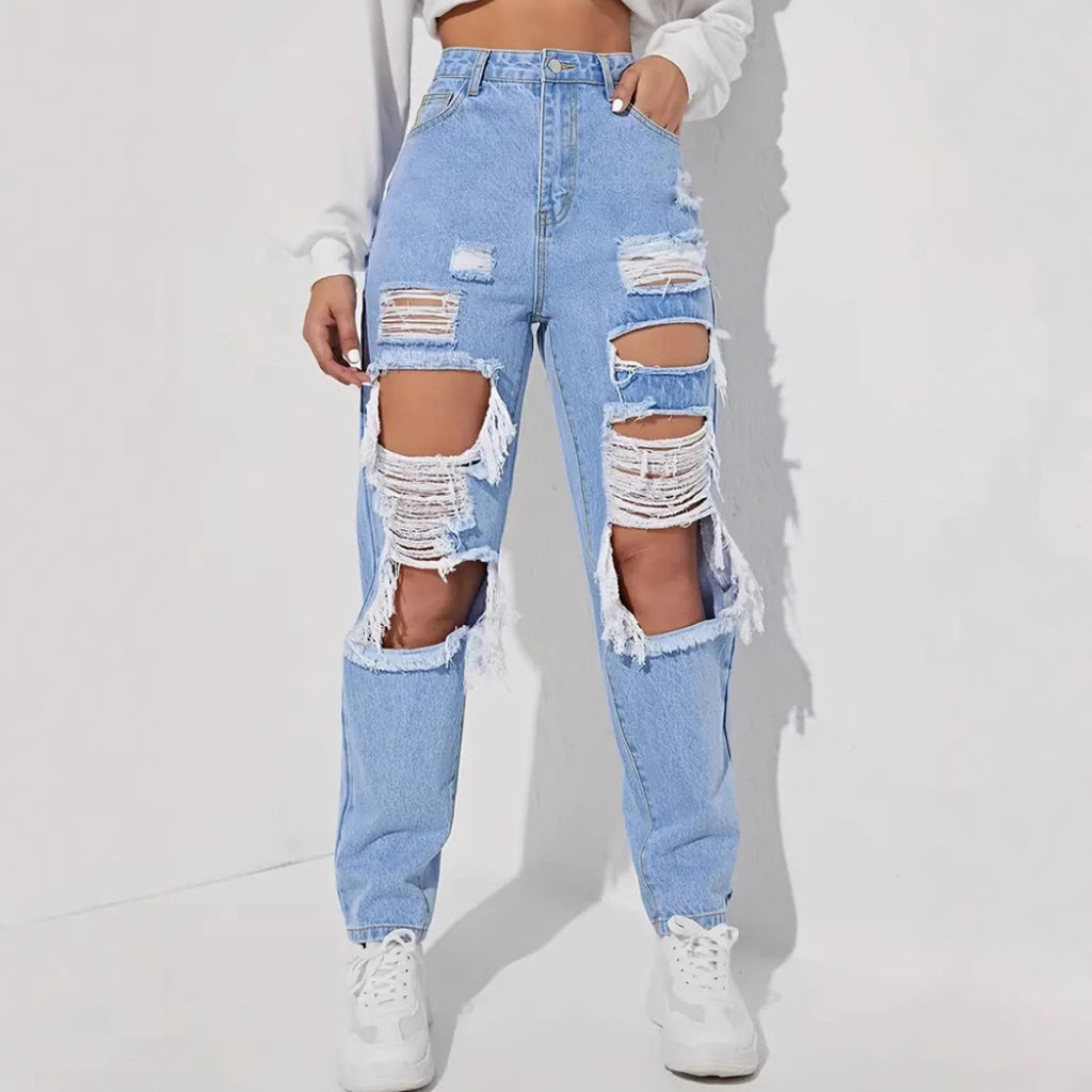 Jeans Loose Fit con Dettagli "Hole" e Lavaggio Sand-Washing
