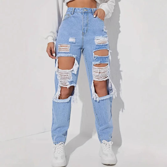 Jeans Loose Fit con Dettagli "Hole" e Lavaggio Sand-Washing
