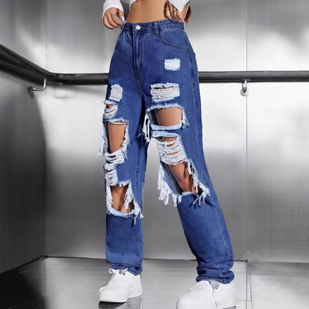 Jeans Loose Fit con Dettagli "Hole" e Lavaggio Sand-Washing