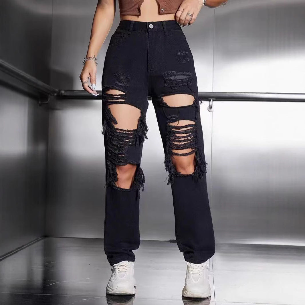 Jeans Loose Fit con Dettagli "Hole" e Lavaggio Sand-Washing
