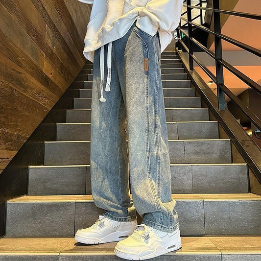 Jeans a Gamba Larga con Coulisse e Finitura Vintage "Old-Effect"