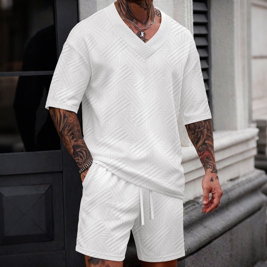 Set Coordinato con T-shirt a Scollo a V e Shorts Tecnici Strutturati