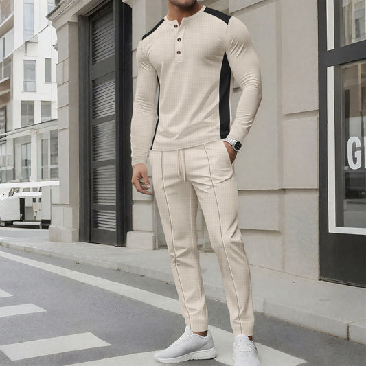 Set Coordinato con Maglia a Collo Alto, Bottoni Bicolore e Pantaloni Tecnici