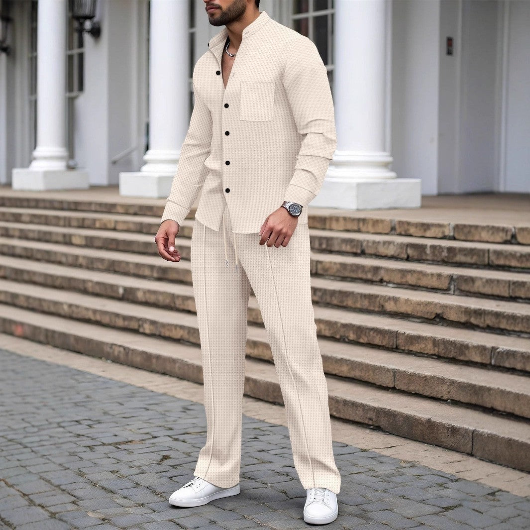 Completo con Camicia Cardigan Stand-Collar e Pantaloni Tecnici