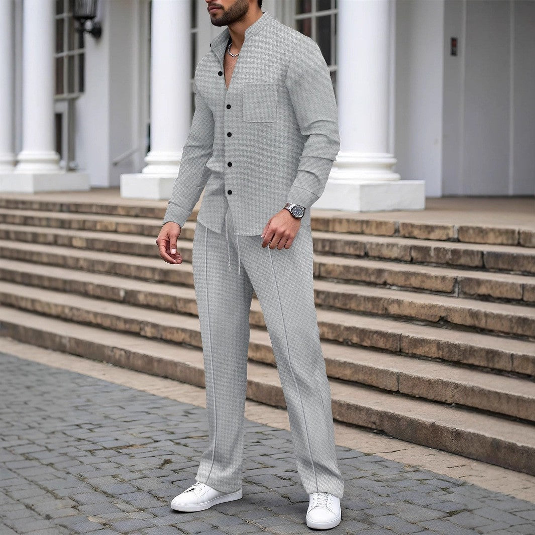 Completo con Camicia Cardigan Stand-Collar e Pantaloni Tecnici