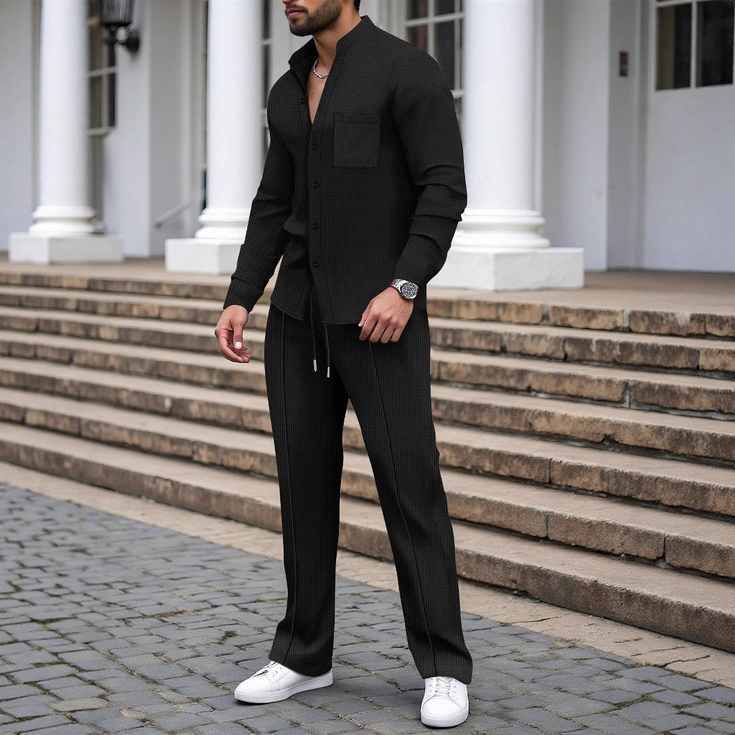 Completo con Camicia Cardigan Stand-Collar e Pantaloni Tecnici