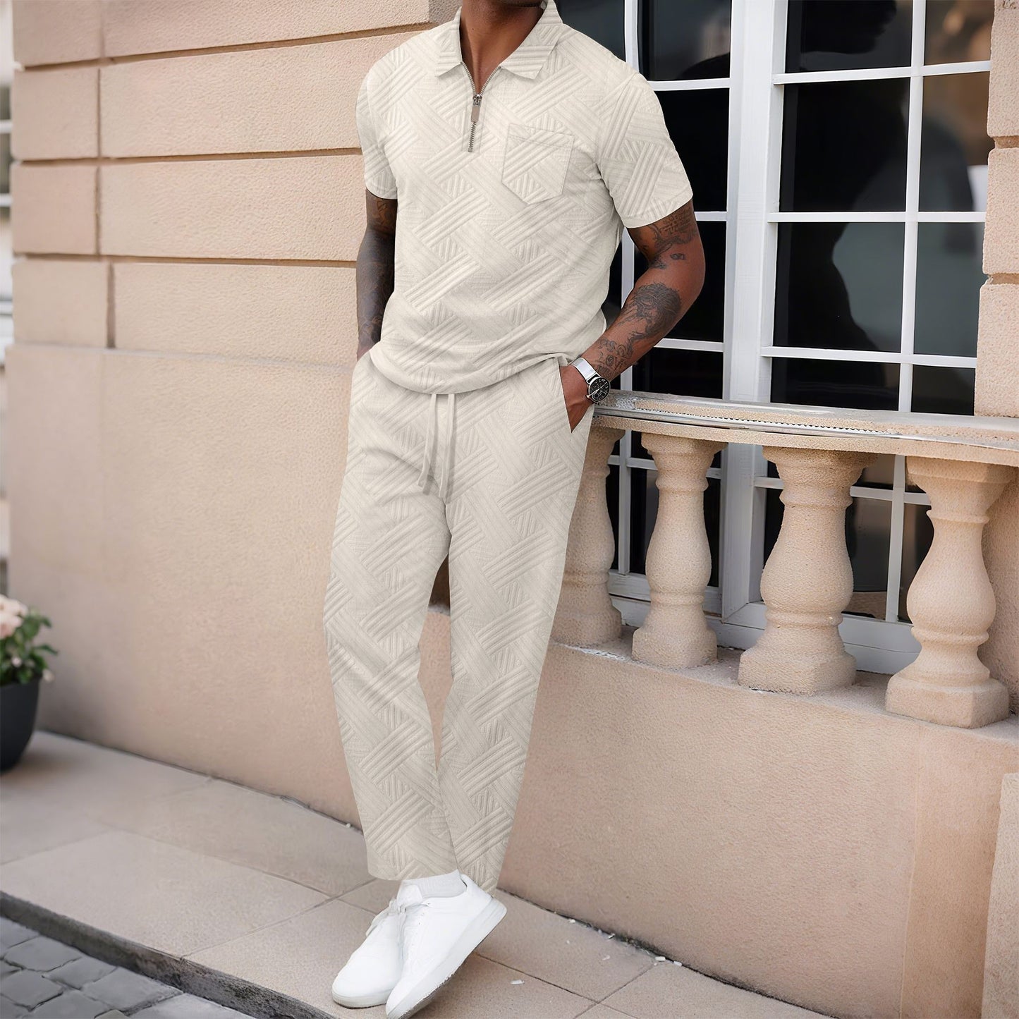 Set Coordinato con T-shirt Half-Zip e Pantaloni Tecnici Strutturati